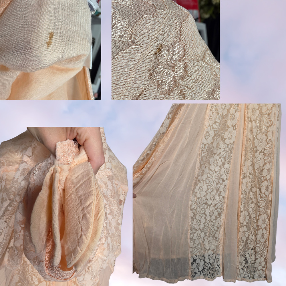 90s Vtg Olivia Long Maxi Peach Pink Lace Layered Whimsy Fairy Cottage Dress Sz M - Picture 6 of 6